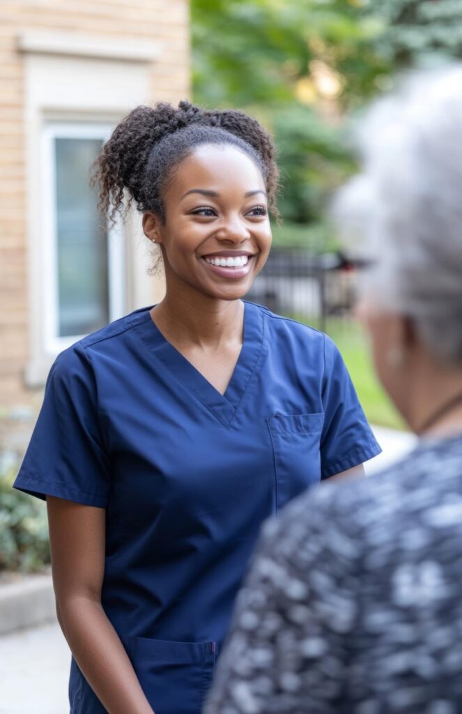 happy female home care worker helping a client